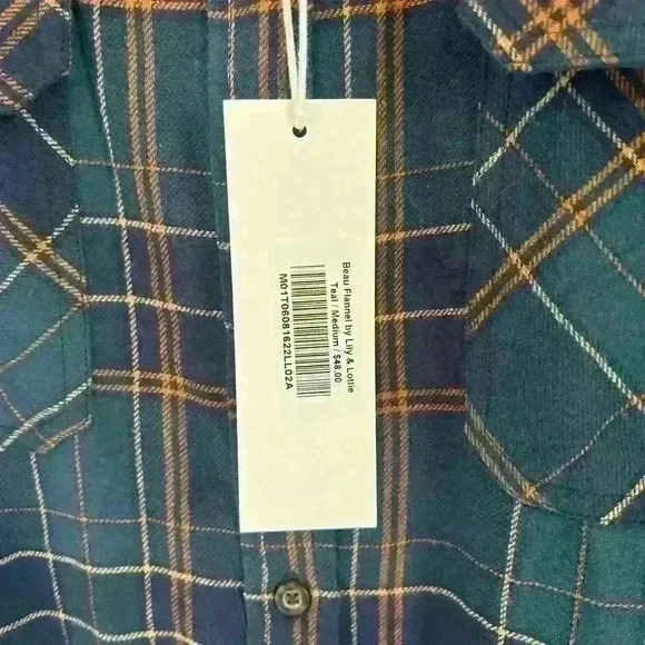 NWT Lily & Lottie Women’s Beau Plaid Flannel Navy, Teal & Mustard Size Medium - Picture 2 of 4
